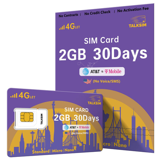 TalkSIM Data SIM Card(2GB 30 Days)USA SIM Card 4G LTE Support AT&T, T-Mobile Dual Network