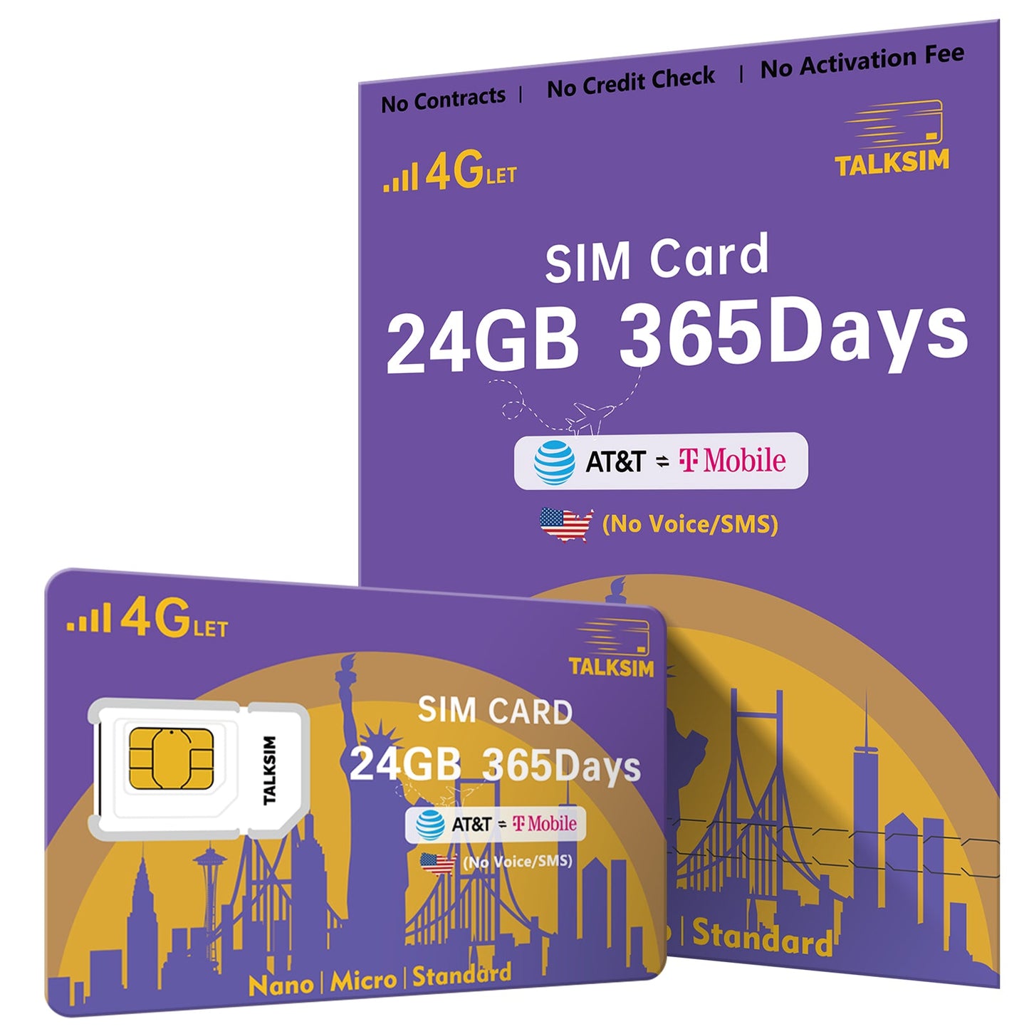 TalkSIM Data SIM Card (24GB for 365 Days) Support AT&T, T-Mobile Networks, USA SIM Card 4G LTE