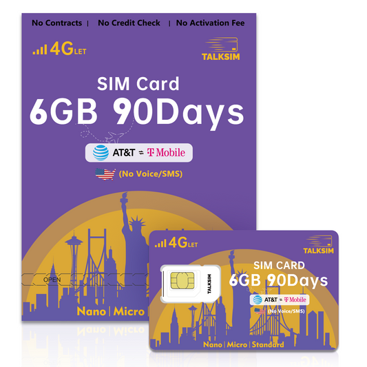 TalkSIM Data SIM Card( 6GB 90 Days)Support AT&T, T-Mobile Networks, 4G LTE USA SIM Card