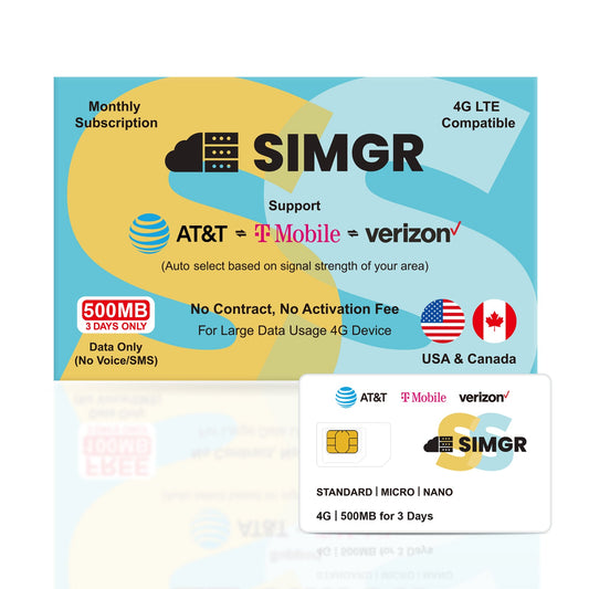 SIMGR Prepaid SIM Card USA Triple-Play Network 4G LTE--Free 500MB for 3 Days