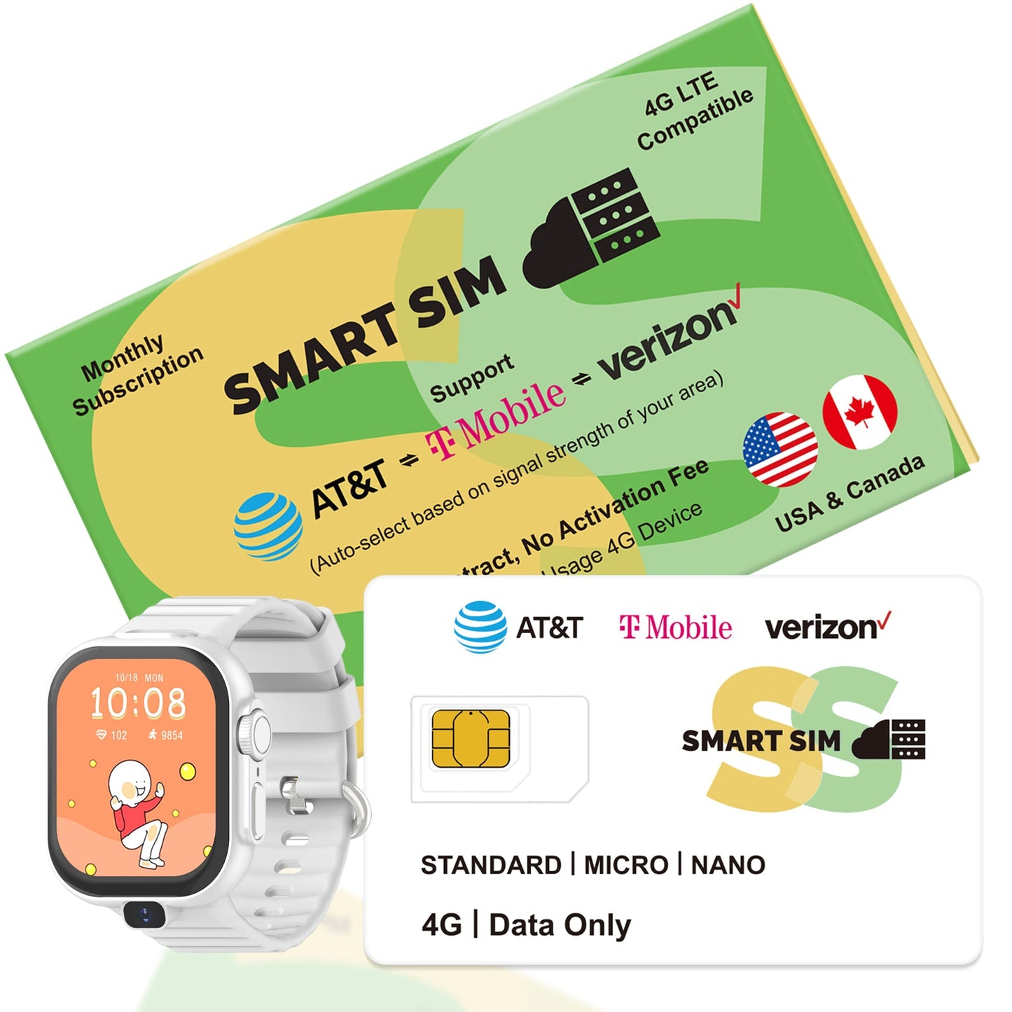 SmartSim Prepaid SIM Card 4G LTE for Kids Smart Watch GPS Vehicle Car Pet Bike Tracking Locators loT Devicesl USA Small Data Only SIM Card Support AT&T,T-Mobile and Verizon Network- No Contract