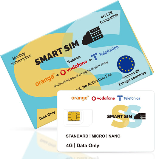 Europe 4G LTE-FREE 100MB-SmartSim Prepaid SIM Card-Support Orange, Vodafone ,Telefonica, Compatible with Unlocked Security Camera/Router/Mobile WiFi Hotspot/GPS Tracker/Tablet IoT Devices