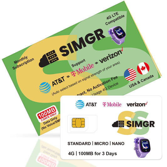 SIMGR GPS Prepaid SIM Card USA Triple-Play Network 4G LTE--Free 100MB |For Watch