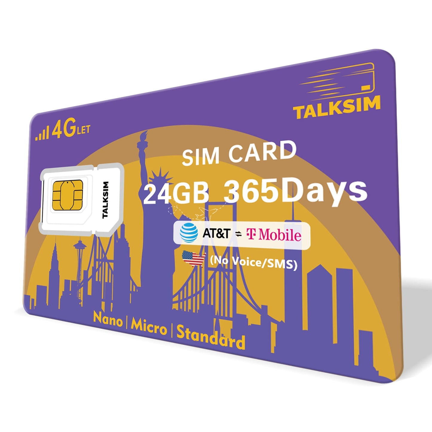 TalkSIM Data SIM Card (24GB for 365 Days) Support AT&T, T-Mobile Networks, USA SIM Card 4G LTE