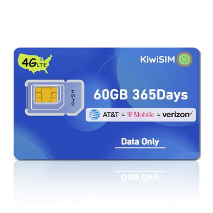 KiwiSIM US SIM Card 60GB for 365 Days, 4G LTE Data SIM Card Support for 3 Network
