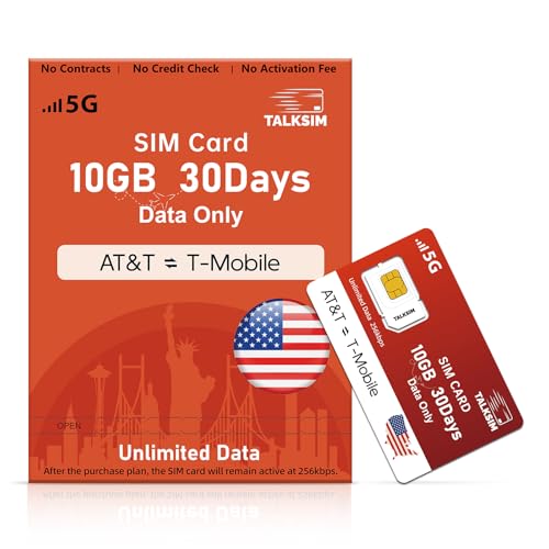 TALKSIM Unlimited Data SIM Card 10GB 30 Days, Support AT&T, T-Mobile Network