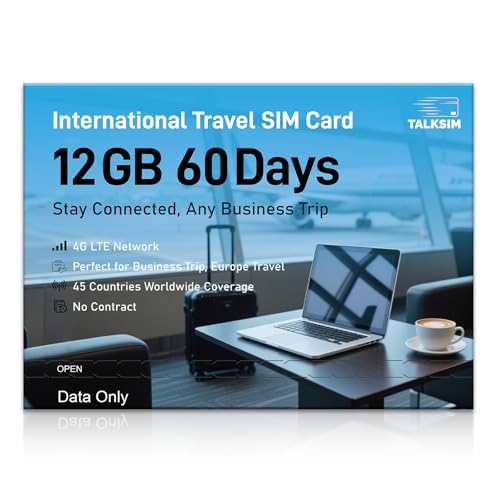 TALKSIM International Data SIM Card 12GB 60 Days, 4G LTE Coverage in 45 Countries