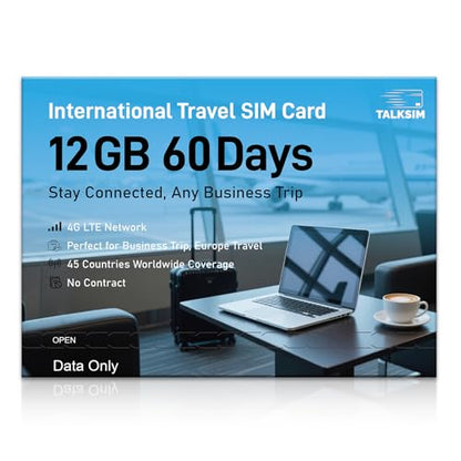 TALKSIM International Data SIM Card 12GB 60 Days, 4G LTE Coverage in 45 Countries