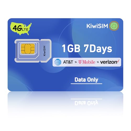 KiwiSIM 4G LTE SIM Card 1GB 7 Days, US Data Only Sim Card for AT&T/T-Mobile/Verizon