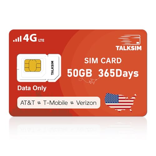 TALKSIM Data SIM Card 50GB 365 Days Works with Verizon, AT&T and T-Mobile