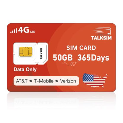 TALKSIM Data SIM Card 50GB 365 Days Works with Verizon, AT&T and T-Mobile
