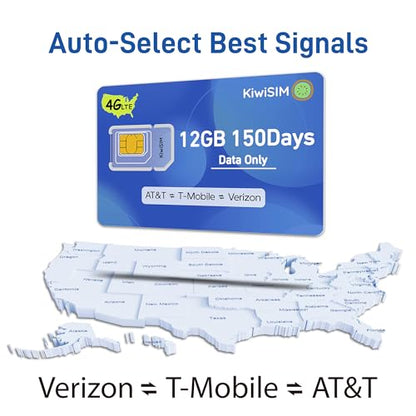 KiwiSIM SIM Card Data Only 12GB 150 Days, 4G LTE US SIM Card for 3 Network