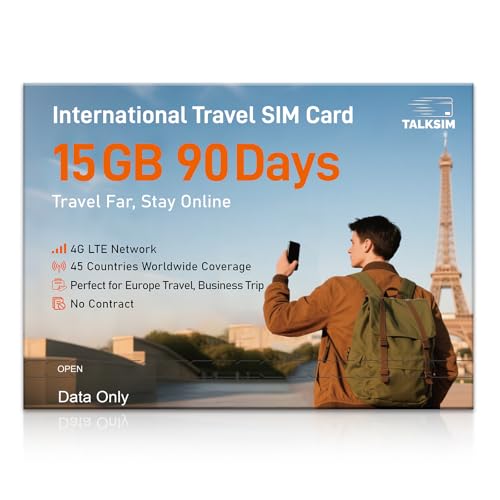 TALKSIM International Data SIM Card 15GB 90 Days, 4G LTE Coverage in 45 Countries