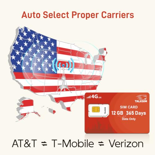 TALKSIM Data SIM Card 12GB 365 Days Works with Verizon, AT&T and T-Mobile