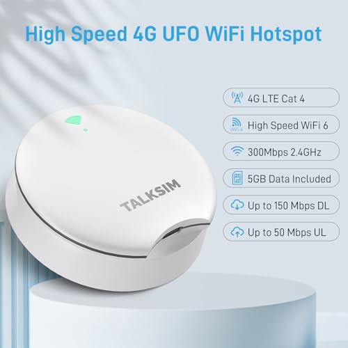 TALKSIM UFO Mobile Hotspot with 5GB Data, Portable Pocket WiFi 6 & 4G LTE Hotspot MiFi Device, Support AT&T and Verizon |10 Connected Devices, USA Coverage, No Contract (White, 5GB)