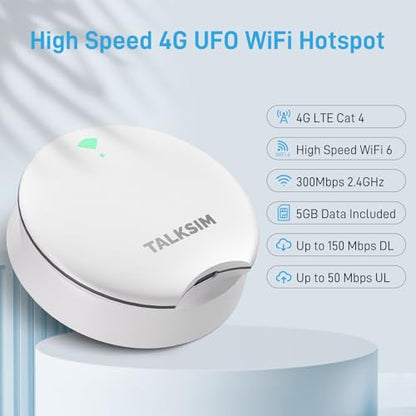 TALKSIM UFO Mobile Hotspot with 5GB Data, Portable Pocket WiFi 6 & 4G LTE Hotspot MiFi Device, Support AT&T and Verizon |10 Connected Devices, USA Coverage, No Contract (White, 5GB)