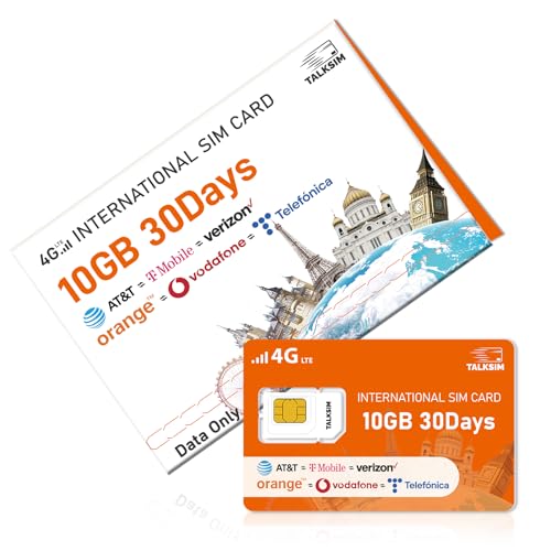TALKSIM International Data SIM Card 10GB 30 Days, 4G LTE Coverage in 45 Countries