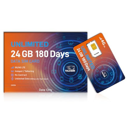 TALKSIM Unlimited Data SIM Card 24GB 180 Days Works with AT&T and Verizon Network