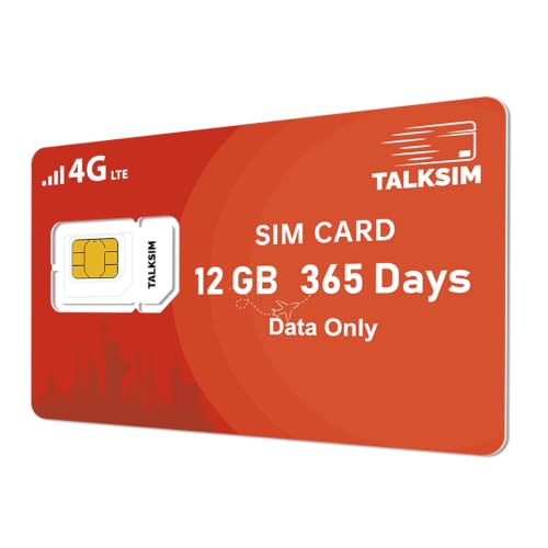 TALKSIM Data SIM Card 12GB 365 Days Works with Verizon, AT&T and T-Mobile