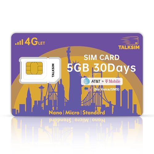 TALKSIM Data SIM Card 5GB 30 Days Support AT&T, T-Mobile, 4G LTE Cellular SIM USA Card Compatible with Unlocked Security Camera/Router/Mobile WiFi Hotspot/GPS Tracker/Tablet iot Devices