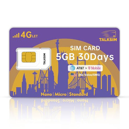 TALKSIM Data SIM Card 5GB 30 Days Support AT&T, T-Mobile, 4G LTE Cellular SIM USA Card Compatible with Unlocked Security Camera/Router/Mobile WiFi Hotspot/GPS Tracker/Tablet iot Devices