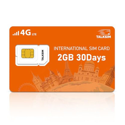 TALKSIM International Data SIM Card 2GB 30 Days, 4G LTE Coverage in 45 Countries