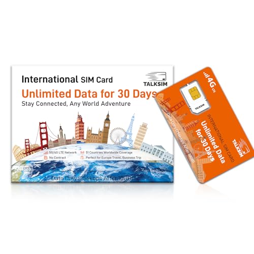TALKSIM International Data SIM Card 10GB 30 Days, 5G/4G LTE Coverage in 50 Countries