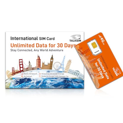 TALKSIM International Data SIM Card 10GB 30 Days, 5G/4G LTE Coverage in 50 Countries