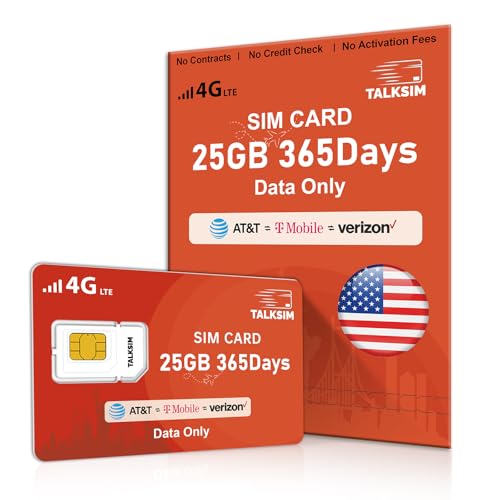 TALKSIM Data SIM Card 25GB 365 Days Support AT&T, T-Mobile and Verizon