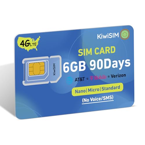 KiwiSIM Data SIM Card USA, 6GB 90 Days SIM Card Support for AT&T, T-Mobile, Verizon, 4G LTE SIM Card for Security Cameras/Mobile WiFi Hotspot, 3-in-1 SIM Kit