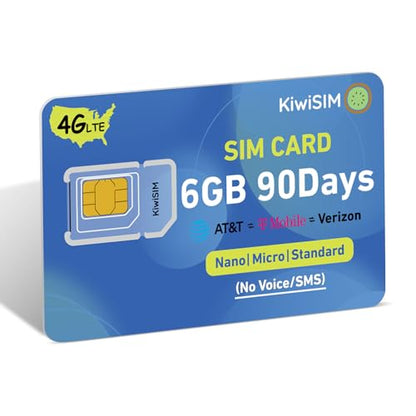KiwiSIM Data SIM Card USA, 6GB 90 Days SIM Card Support for AT&T, T-Mobile, Verizon, 4G LTE SIM Card for Security Cameras/Mobile WiFi Hotspot, 3-in-1 SIM Kit