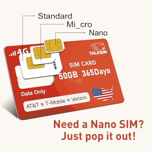 TALKSIM Data SIM Card 50GB 365 Days Works with Verizon, AT&T and T-Mobile