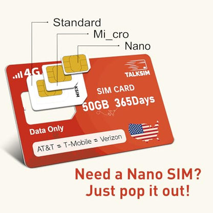 TALKSIM Data SIM Card 50GB 365 Days Works with Verizon, AT&T and T-Mobile