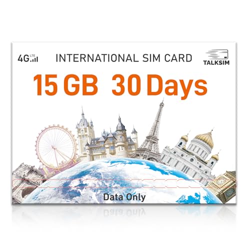 TALKSIM International Data SIM Card 15GB 30 Days, 4G LTE Coverage in 45 Countries