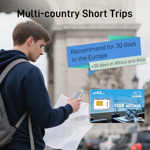 TALKSIM International Data SIM Card 12GB 60 Days, 4G LTE Coverage in 45 Countries