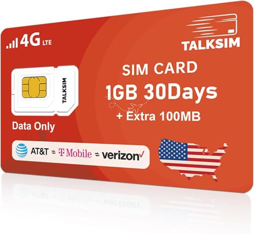 TALKSIM Data SIM Card 1.1GB 30 Days Support Verizon, AT&T and T-Mobile, 4G LTE USA SIM Compatible with Unlocked Security Camera/GPS Tracker/Router/Mobile WiFi Hotspot/Tablet iot Devices