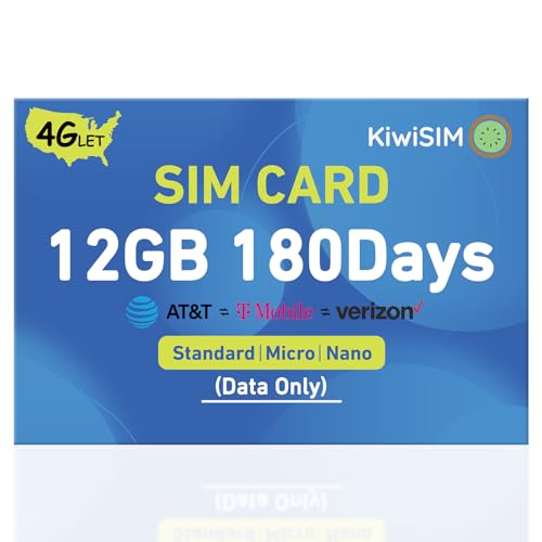KiwiSIM USA Data SIM Card, 12GB 180 Days, 4G LTE SIM Support for 3 Network
