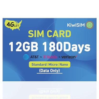 KiwiSIM USA Data SIM Card, 12GB 180 Days, 4G LTE SIM Support for 3 Network