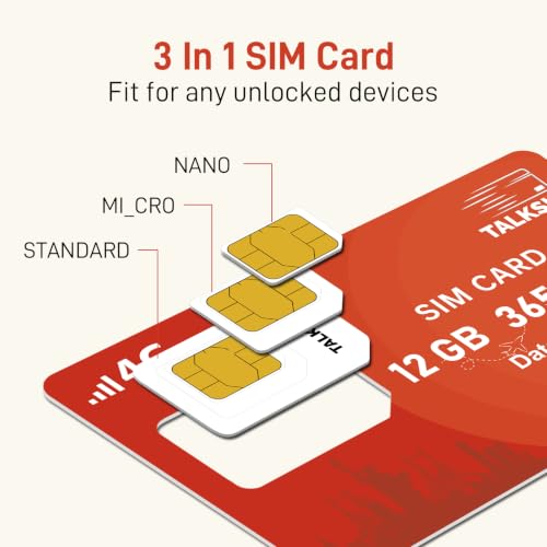 TALKSIM Data SIM Card 12GB 365 Days Works with Verizon, AT&T and T-Mobile