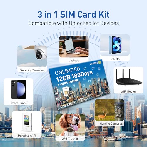 KiwiSIM 12GB SIM Card & eSIM, Unlimited SIM Data Card for Europe/USA