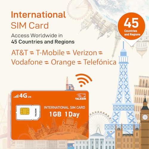 TALKSIM International Data SIM Card 1GB 1 Days, 4G LTE Coverage in 45 Countries