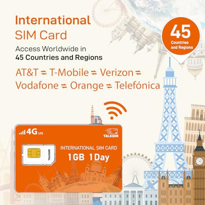 TALKSIM International Data SIM Card 1GB 1 Days, 4G LTE Coverage in 45 Countries