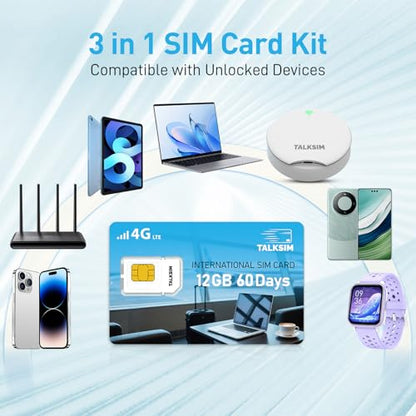 TALKSIM International Data SIM Card 12GB 60 Days, 4G LTE Coverage in 45 Countries