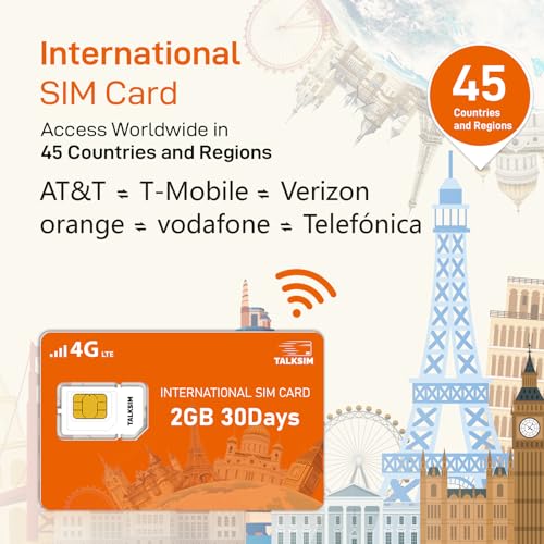 TALKSIM International Data SIM Card 2GB 30 Days, 4G LTE Coverage in 45 Countries
