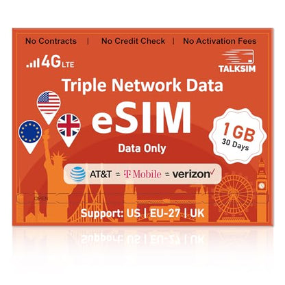 TALKSIM Data eSIM 1GB 30 Days, Travel SIM for USA/Europe/UK