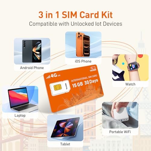 TALKSIM International Data SIM Card 15GB 30 Days, 4G LTE Coverage in 45 Countries