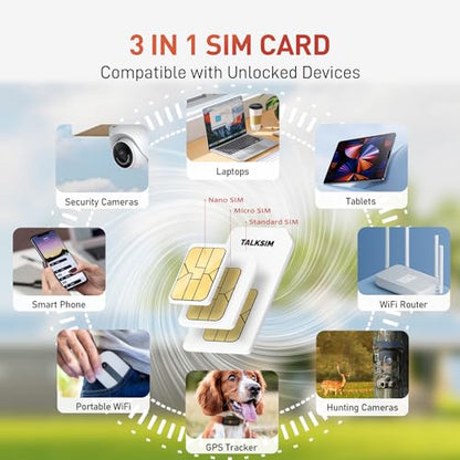 TALKSIM Data SIM Card 3GB 30 Days Support AT&T, Verizon and T-Mobile, 5G/4G LTE Prepaid USA SIM Card Compatible with Unlocked GPS Tracker/Mobile WiFi Hotspot/Smart Watch/Tablet iot Devices