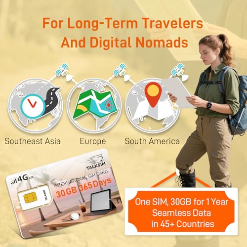 TALKSIM International Data SIM Card 30GB 365 Days, 4G LTE Coverage in 45 Countries