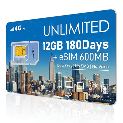 KiwiSIM 12GB SIM Card & eSIM, Unlimited SIM Data Card for Europe/USA