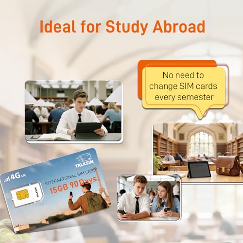 TALKSIM International Data SIM Card 15GB 90 Days, 4G LTE Coverage in 45 Countries